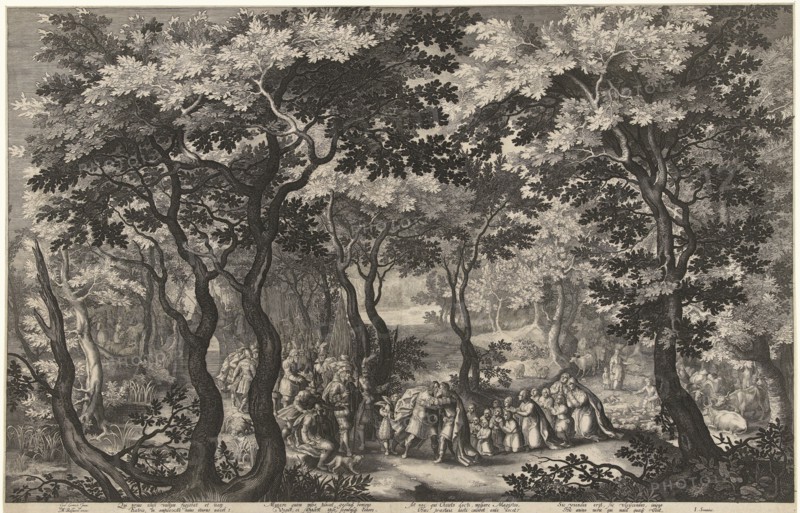 Landscape and meeting of Jacob and Esau, BoÃ«tius Adamsz. Bolswert, I. Semmius, 1590 - 1633