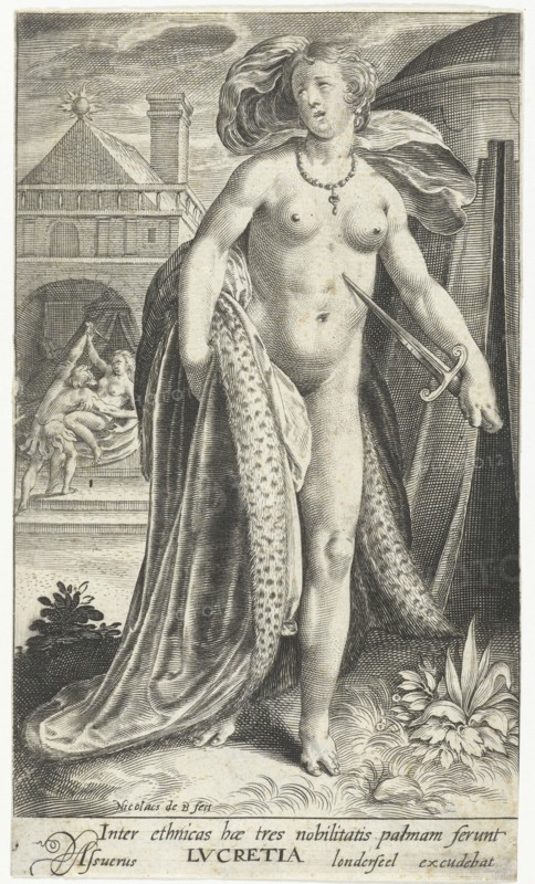 Lucretia with dagger against her chest, Nicolaes de Bruyn, 1581 - 1656