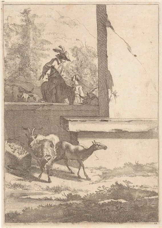 Goats and one rider at a wall, Jan de Visscher, Nicolaes Pietersz. Berchem, 1643 - 1692