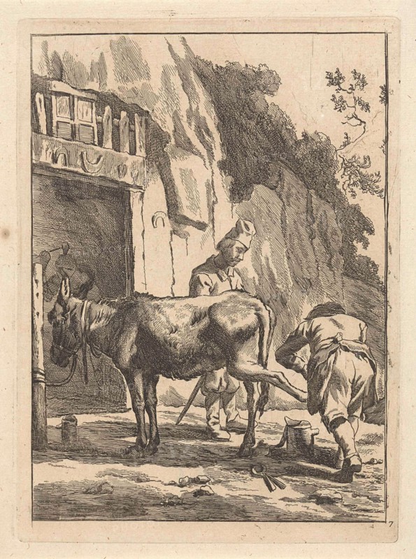 Farrier, specialist in equine hoof care, and a donkey, Anonymous, Karel Dujardin, 1643 - 1692