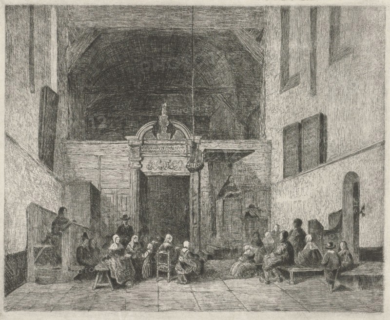 Church service in a village church, print maker: Eberhard Cornelis Rahms, Johannes Bosboom, 1833 - 1907