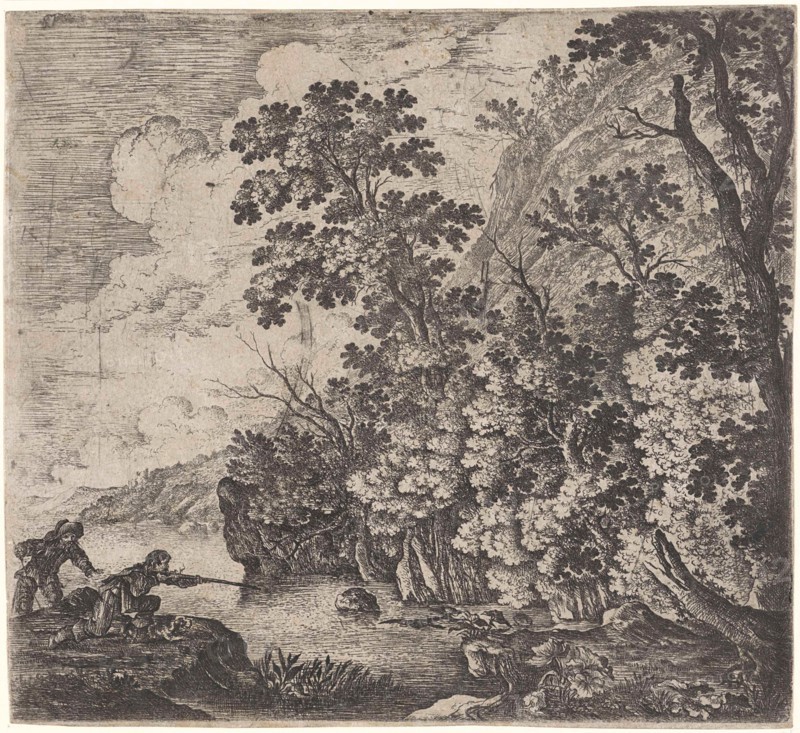 Hunters in a river in a mountainous landscape, attributed to Herman Saftleven, 1626 - 1685