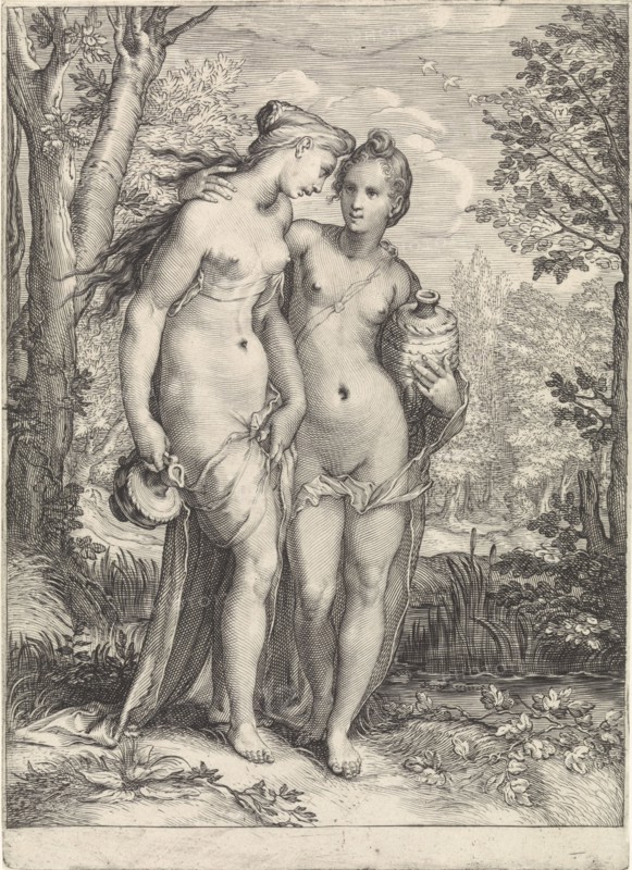 Two of Diana's nymphs with pitchers, Jan Saenredam, Hendrick Goltzius, 1616