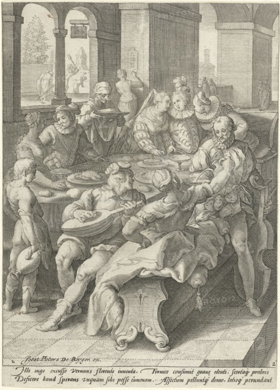 The prodigal son squanders his money on prostitutes, Jacob Matham, Franco Estius, Joost Pieters de Reyger, 1592