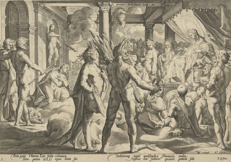 Phaethon asks his father if he could ride in his wagon, Hendrick Goltzius, Franco Estius, 1590