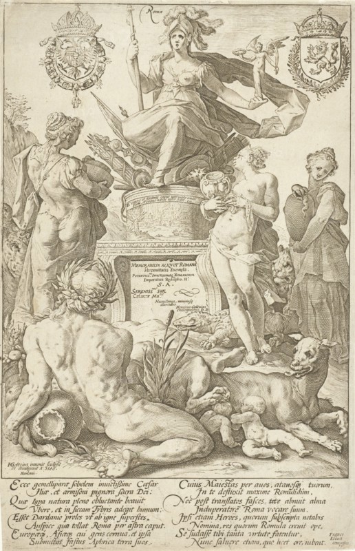 Title print for print series The Roman heroes, Hendrick Goltzius, 1586
