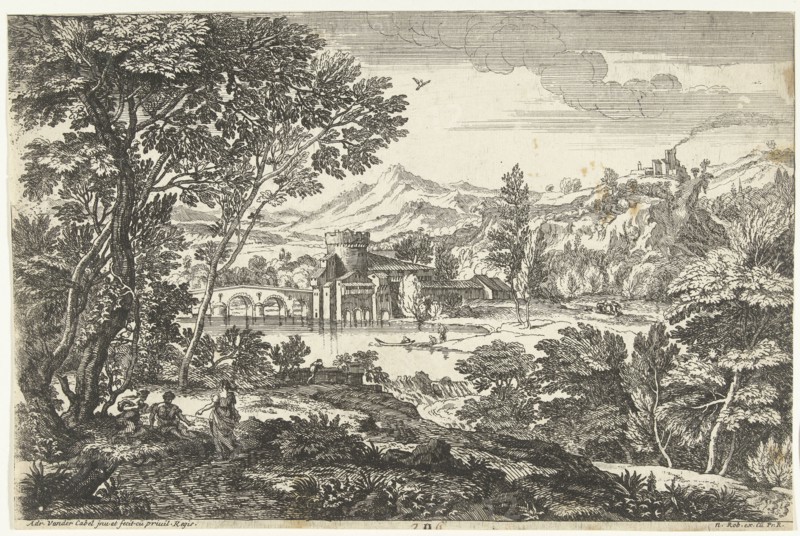 Landscape with three people under a tree, Adriaen van der Kabel, 1648-1705