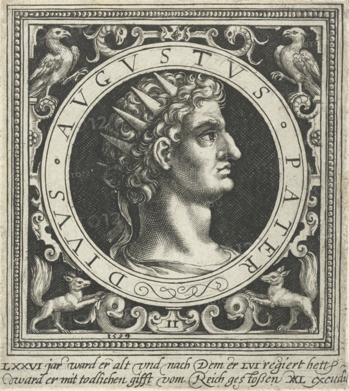 Portrait of Emperor Augustus on medallion, print maker: Nicolaes de Bruyn, Nicolaes de Bruyn, Assuerus van Londerseel, 1594