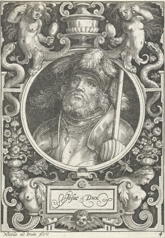 Portrait of Joshua medallion inside rectangular frame with ornaments, Nicolaes de Bruyn, 1594