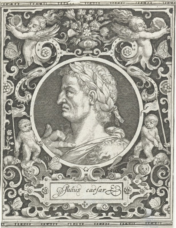 Portrait of Julius Caesar in medallion inside rectangular frame with ornaments, Nicolaes de Bruyn, 1594