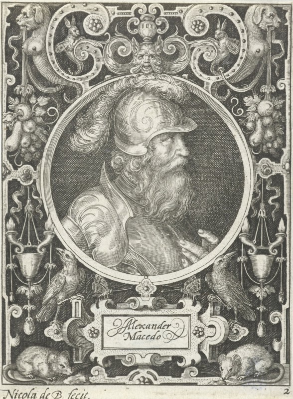 Portrait of Alexander the Great in medallion inside rectangular frame with ornaments, Nicolaes de Bruyn, 1594