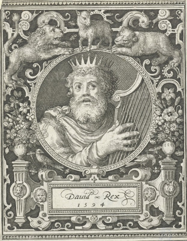 Portrait of King David, medallion inside rectangular frame with ornaments, print maker: Nicolaes de Bruyn, 1594