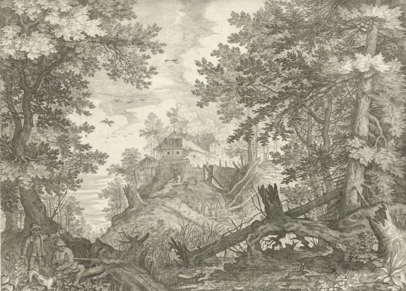 Wooded landscape with two hunters and a dog, Aegidius Sadeler, Roelant Savery, 1609