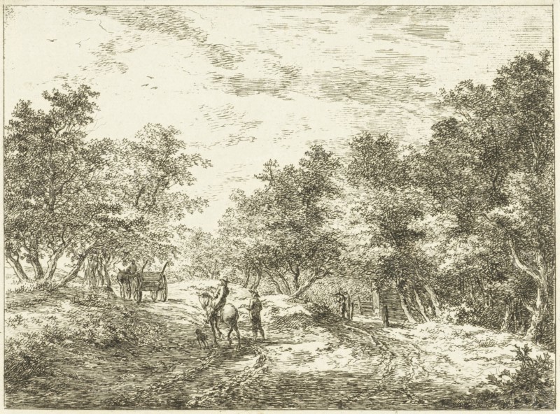 Path through the forest with wagon, walker and rider, Hermanus van Brussel, c. 1800 - in or before 1815