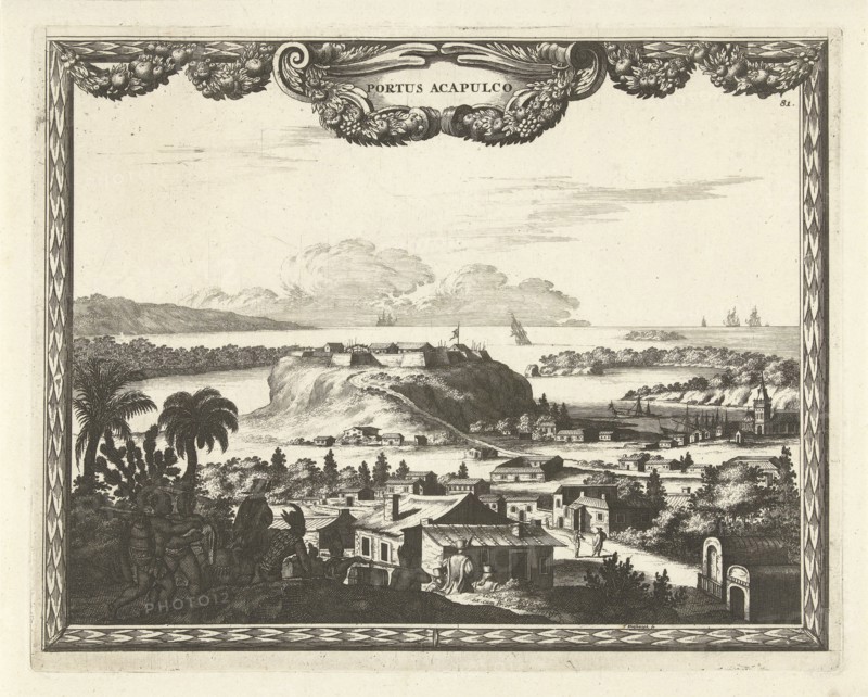 View of port and fortress in Acapulco, Thomas Doesburgh, Johannes Covens and Cornelis Mortier, Staten van Holland en West-Friesland, 1685 - 1714
