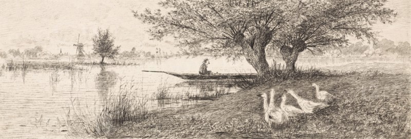 River Landscape with a man in a boat and geese on the bank, Elias Stark, 1887