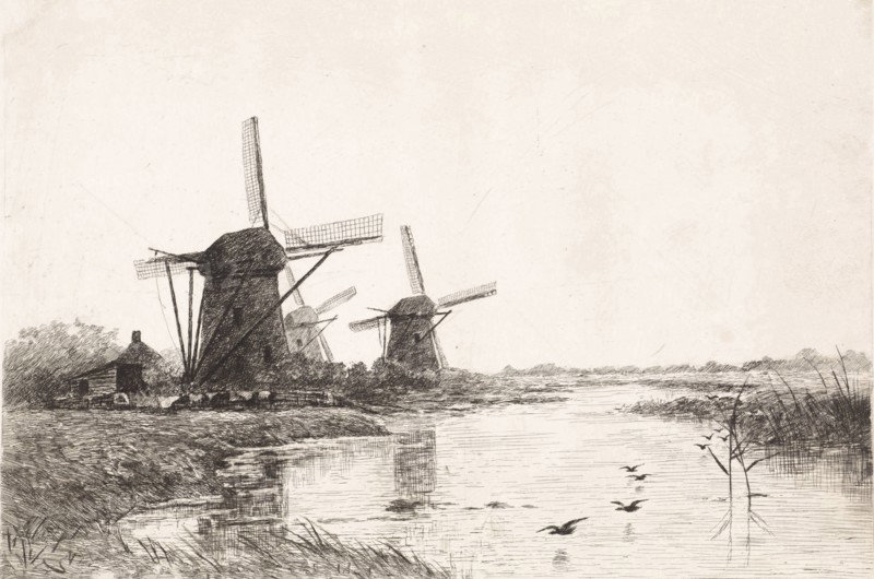 Landscape with three windmills along a canal, Elias Stark, 1887