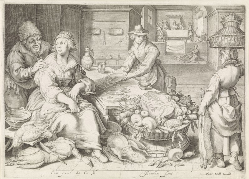 Kitchen piece with parable of the rich man and Lazarus, Jacob Matham, Pieter Smith, Imperial court, 1603