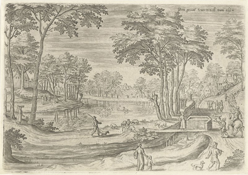 View of the canal of Ixelles, Elsene, Belgium, Hans Collaert (I), Hans Bol, Claes Jansz. Visscher (II), 1530 - 1580