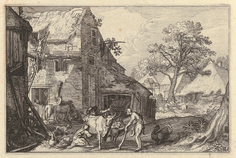 Farmyard with people and livestock, Claes Jansz. Visscher (II), Abraham Bloemaert, Jan Saenredam, 1620
