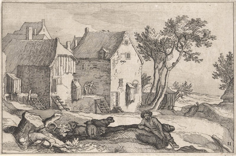 Farm and shepherd with sheep, print maker: Claes Jansz. Visscher II, Abraham Bloemaert, BoÃ«tius Adamsz. Bolswert, 1620