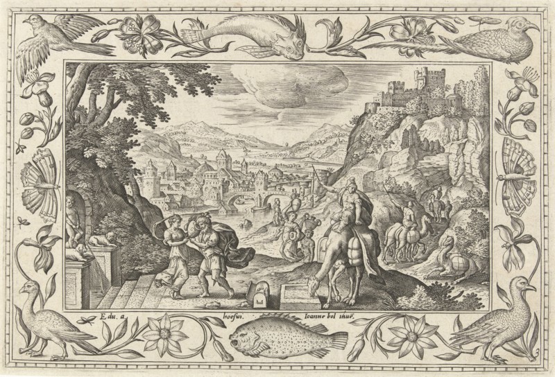 Rebecca and Eliezer at the Well, Adriaen Collaert, Eduwart van Hoeswinckel, 1582 - 1586