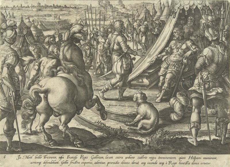 Giovanni de 'Medici and King Francis I, print maker: Hendrick Goltzius attributed to, Jan van der Straet, Philips Galle, 1576 - 1580 and/or 1583
