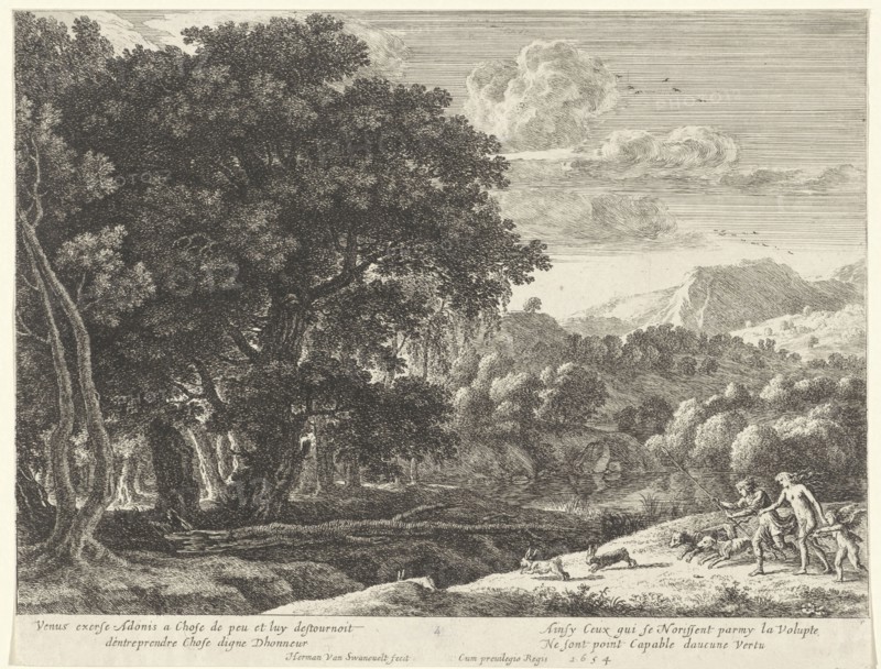 Venus and Adonis hunting, Herman van Swanevelt, Henri Bonnart (I), Lodewijk XIV (koning van Frankrijk), 1654