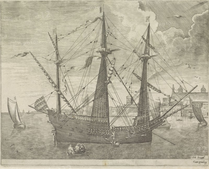 Three-master anchor at a town, Frans Huys, unknown, 1561-1565