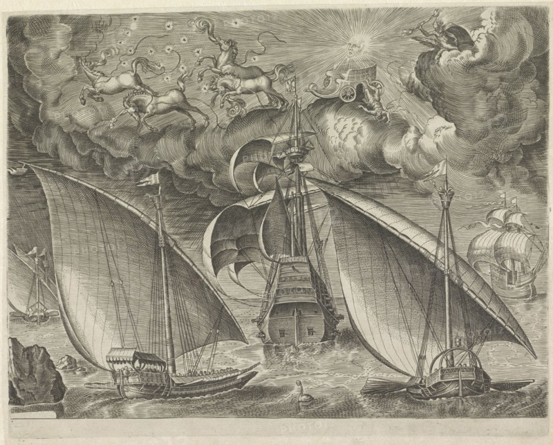 Two galleys behind a three-master, airborne fall of Phaeton, Pieter Brueghel (I), 1561 - 1565