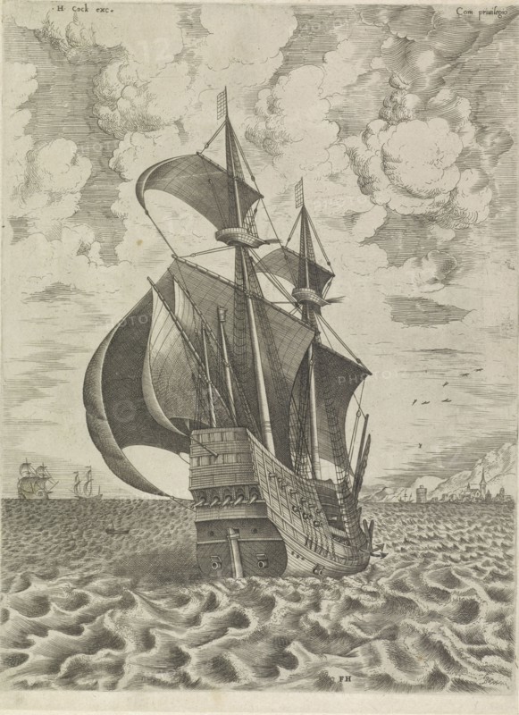 Warship towards the harbor, print maker: Frans Huys, Pieter Brueghel I, Hieronymus Cock, 1561 - 1565
