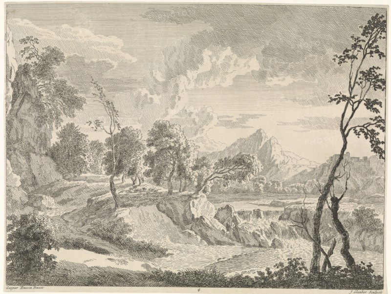 Hilly landscape with a waterfall, Johannes Glauber, 1656 - 1726