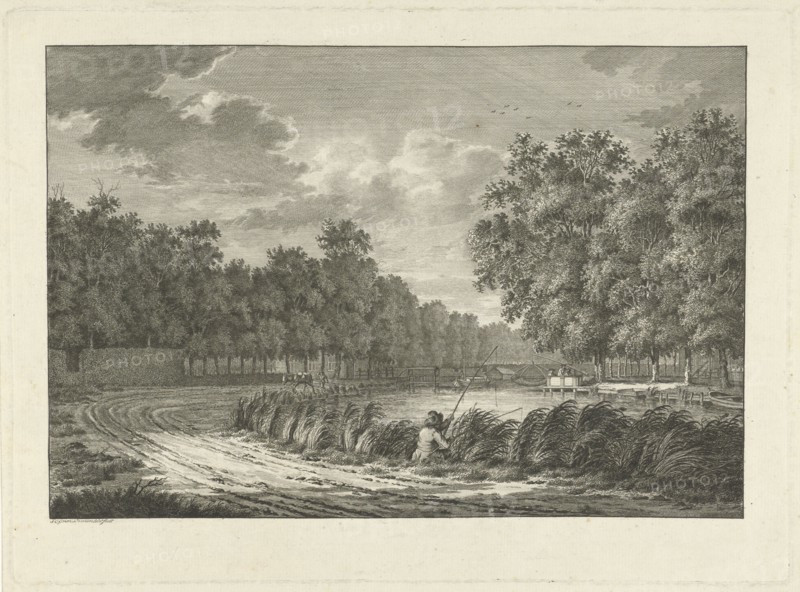 Landscape with a fisherman on the shore of the river the Gein, The Netherlands, print maker: Jan Evert Grave, Jan Evert Grave, 1769 - 1805