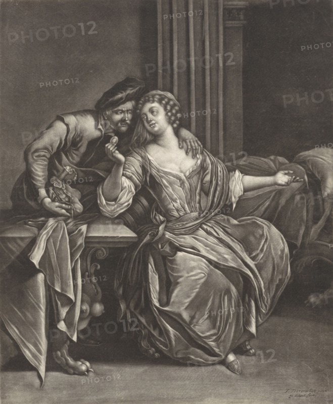 Young woman takes money from a man, Pieter Schenk (I), 1670 - 1713