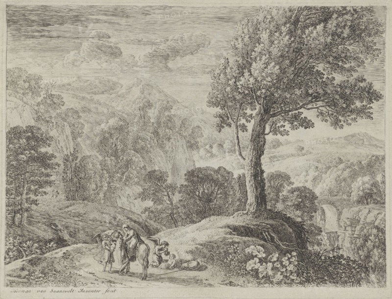 Joseph helps Mary off the donkey, print maker: Herman van Swanevelt, 1623 - 1655