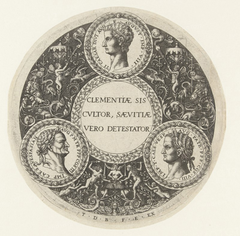 Medallion with Tiberius top center, lower left Vespasian and lower right Titus, print maker: Theodor de Bry, c. 1588