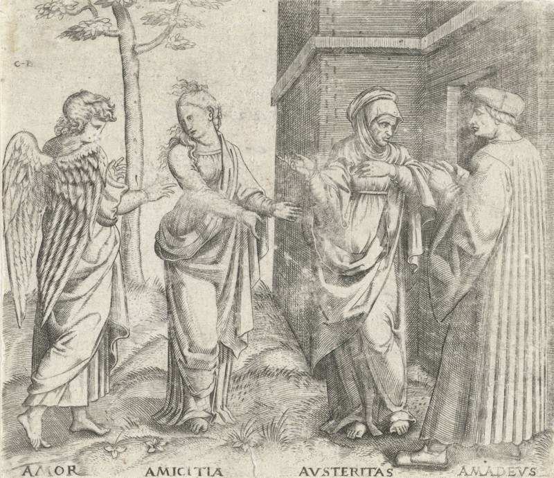 Amadeus Berutti with Austerity (Austeritas) and Friendship (Amicitia) and Love (Amor), Cornelis Bos, Marcantonio Raimondi, c. 1537 - c. 1555