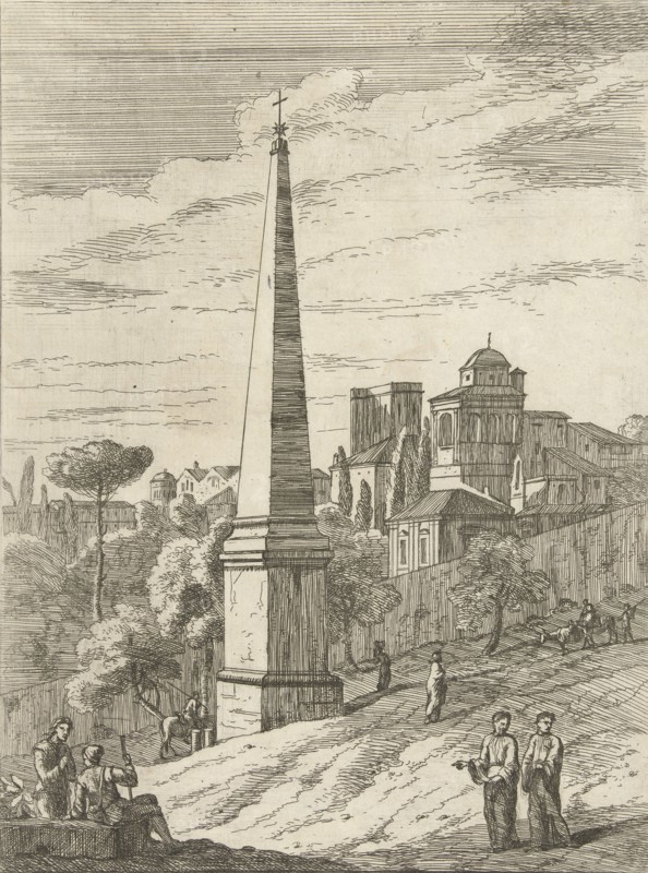 Italianate landscape with obelisk and view on a town, print maker: Jan Frans van Bloemen, 1689 - 1749