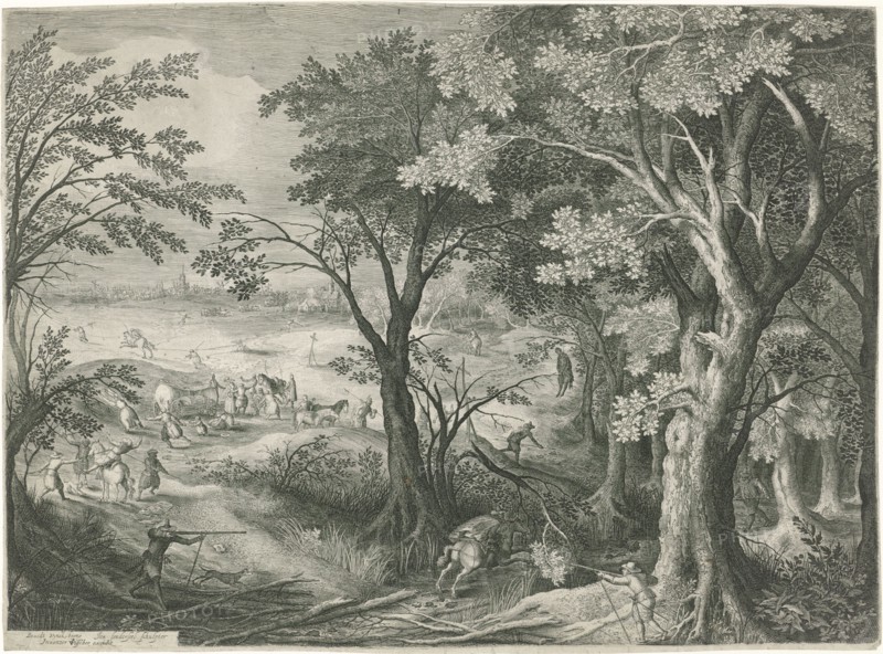 Highwaymen robbery travelers in a landscape, Jan van Londerseel, Claes Jansz. Visscher (II), 1601 - 1652