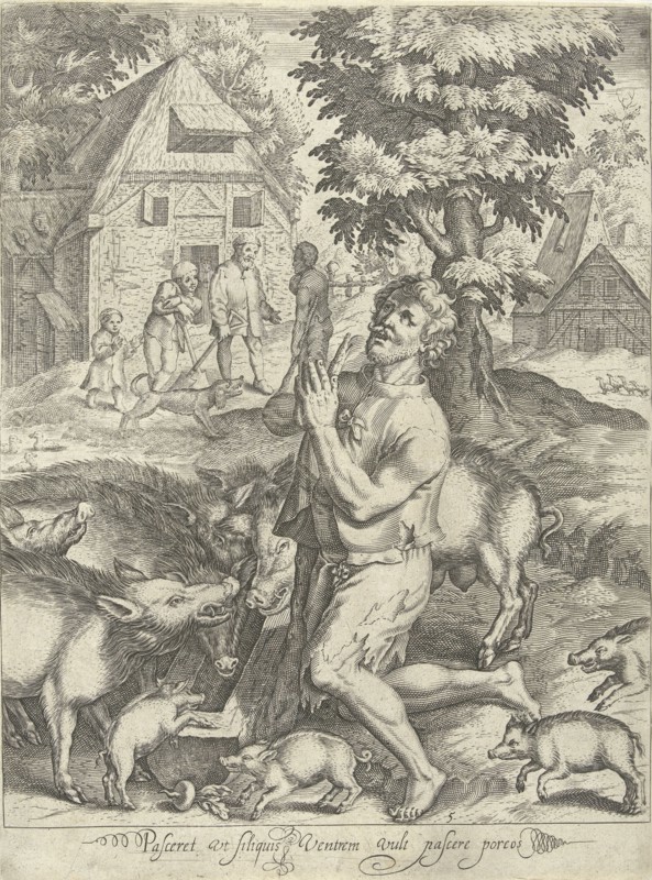 Prodigal son as a swineherd, Nicolaes de Bruyn, 1581-1656
