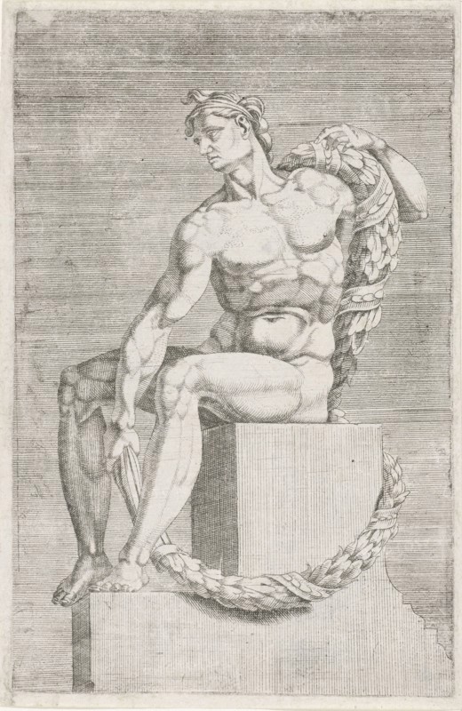 Figure from the Sistine Chapel, Rome Italy, print maker: Dirck Volckertsz Coornhert attributed to, Maarten van Heemskerck attributed to, Michelangelo attributed to, 1551