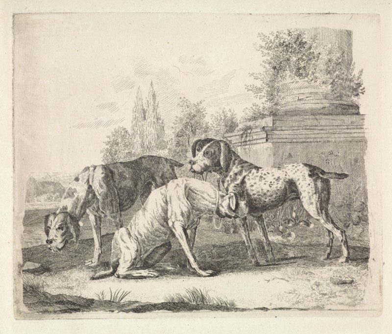 Three dogs at the foot of a pillar, William Bikker-Top, 1806 - 1867