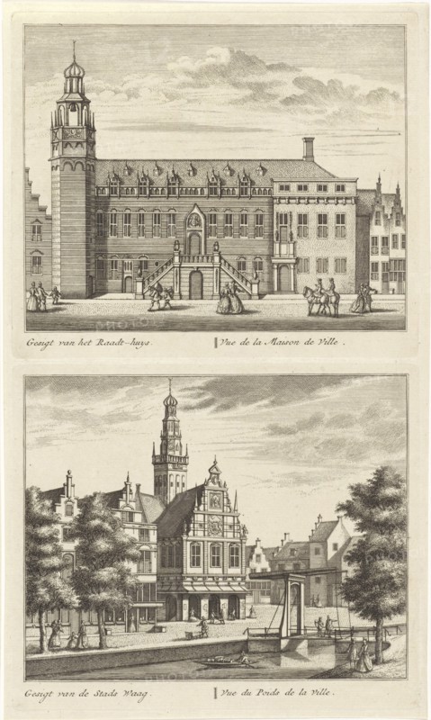 Two views in Alkmaar with the City Hall and de waag, The Netherlands, Leonard Schenk, Abraham Rademaker, 1746