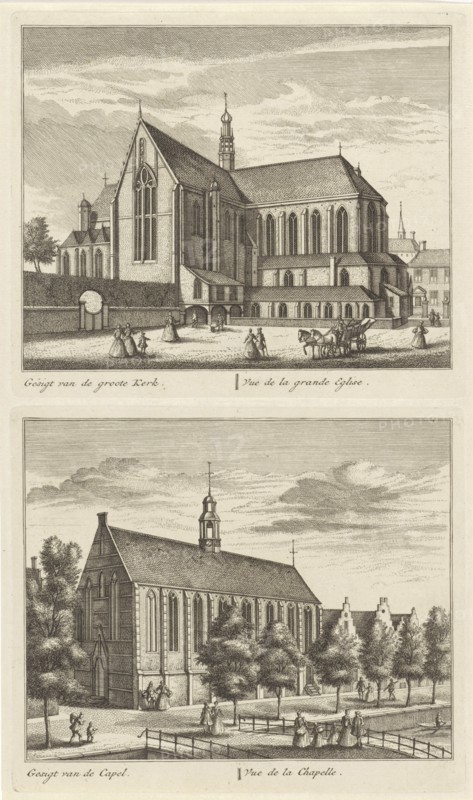 Two views in Alkmaar with the Great Church and the Chapel Church, The Netherlands, Leonard Schenk, Abraham Rademaker, 1746