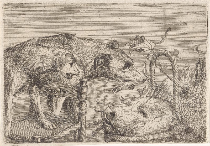 Two dogs and a basket with food, print maker: Anonymous, Frans Snijders, 1593 - 1707