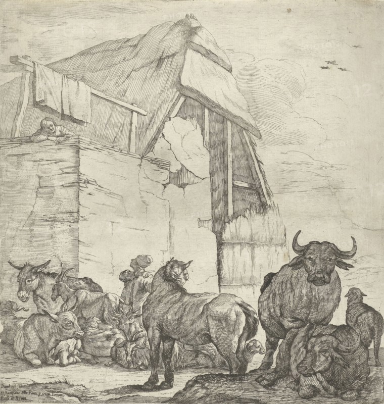 Resting cattle on a farm, Jan van Ossenbeeck, Giovanni Giacomo Rossi, 1647-1655