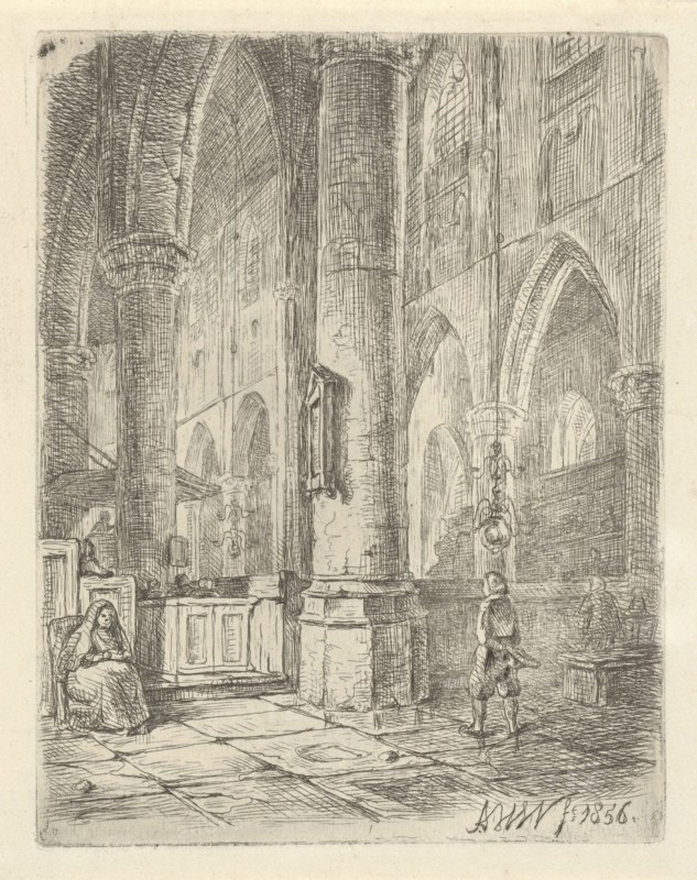 Church Interior with a boy and a seated woman, Adrianus Wilhelmus Nieuwenhuyzen, 1856