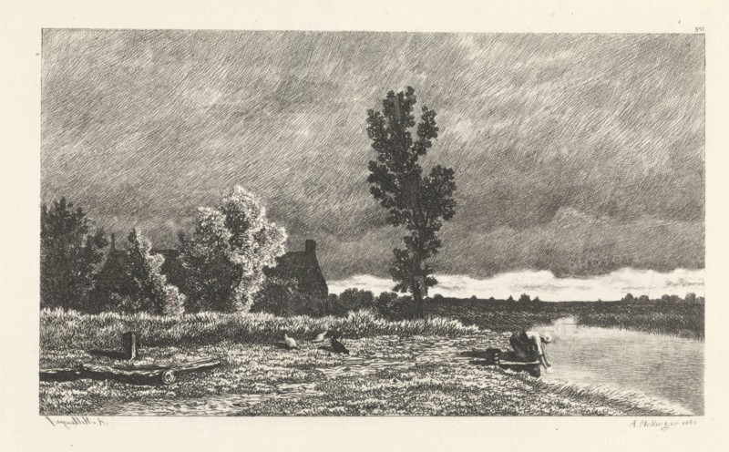 Landscape with a woman who does the laundry, print maker: Alexander Mollinger, 1860