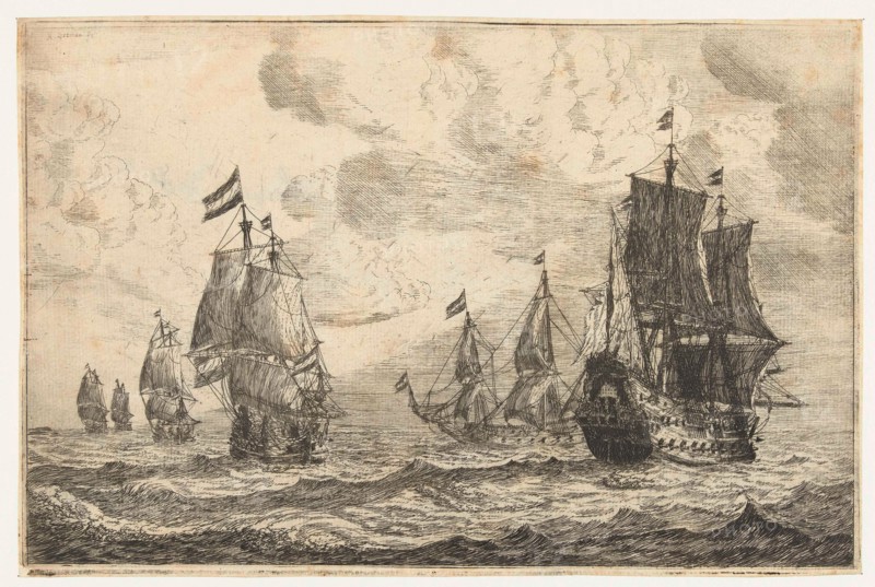 Six sailing ships on the high seas, Reinier Nooms, 1650-1664