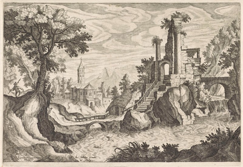 River landscape with ruins, Monogrammist HSV, Justus Sadeler, 1595 - 1625